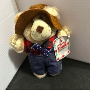 Wendy’s Branded Plush Bear in Brown and Blue Holiday Outfit